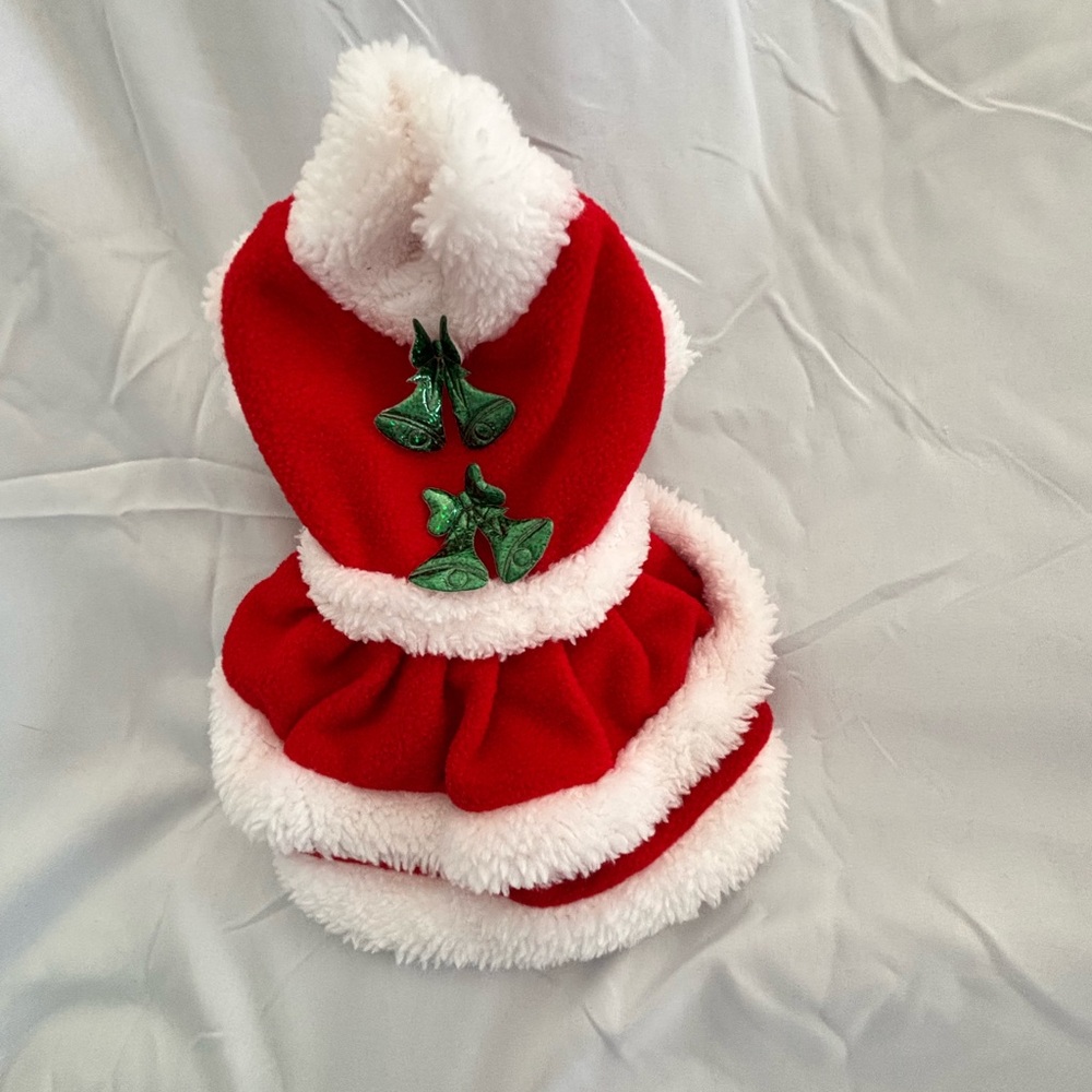 Holiday Red and White Dog Dress with Green Accents
